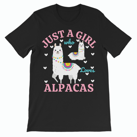 Black t-shirt with 'Just a Girl Who Loves Alpacas' text and alpaca graphics on a white background