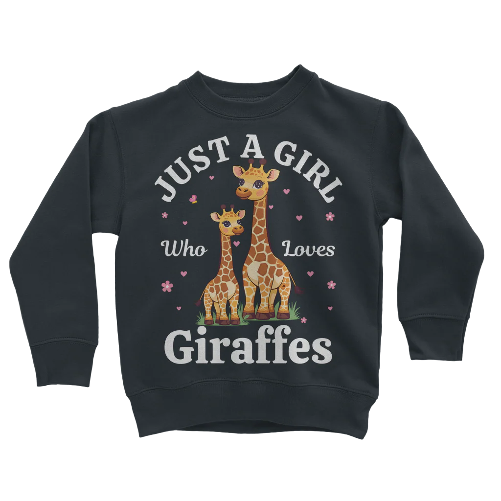 Kids navy sweatshirt with giraffe design and "Just a girl who loves giraffes" text, scattered hearts and flowers.