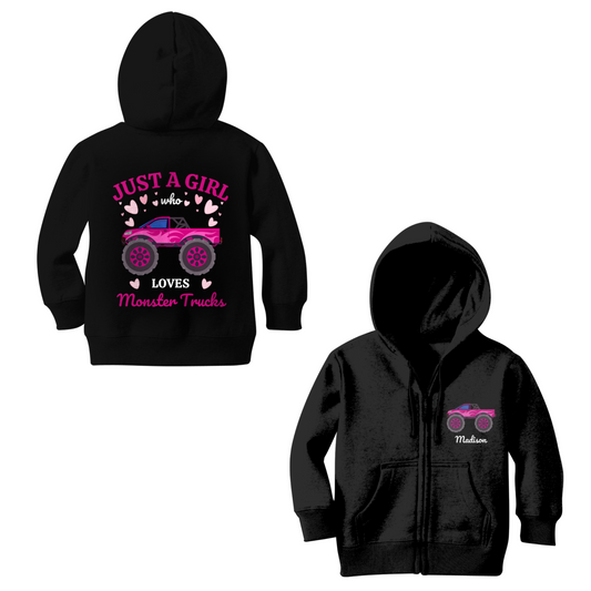 Girls Personalised Monster Truck Zip Hoodie | 3 - 13 years