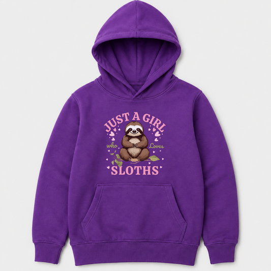 A purple kids pullover hoodie featuring a cute sloth graphic with the text 'JUST A GIRL who loves Sloths' in pink and white, displayed on a light gray background.