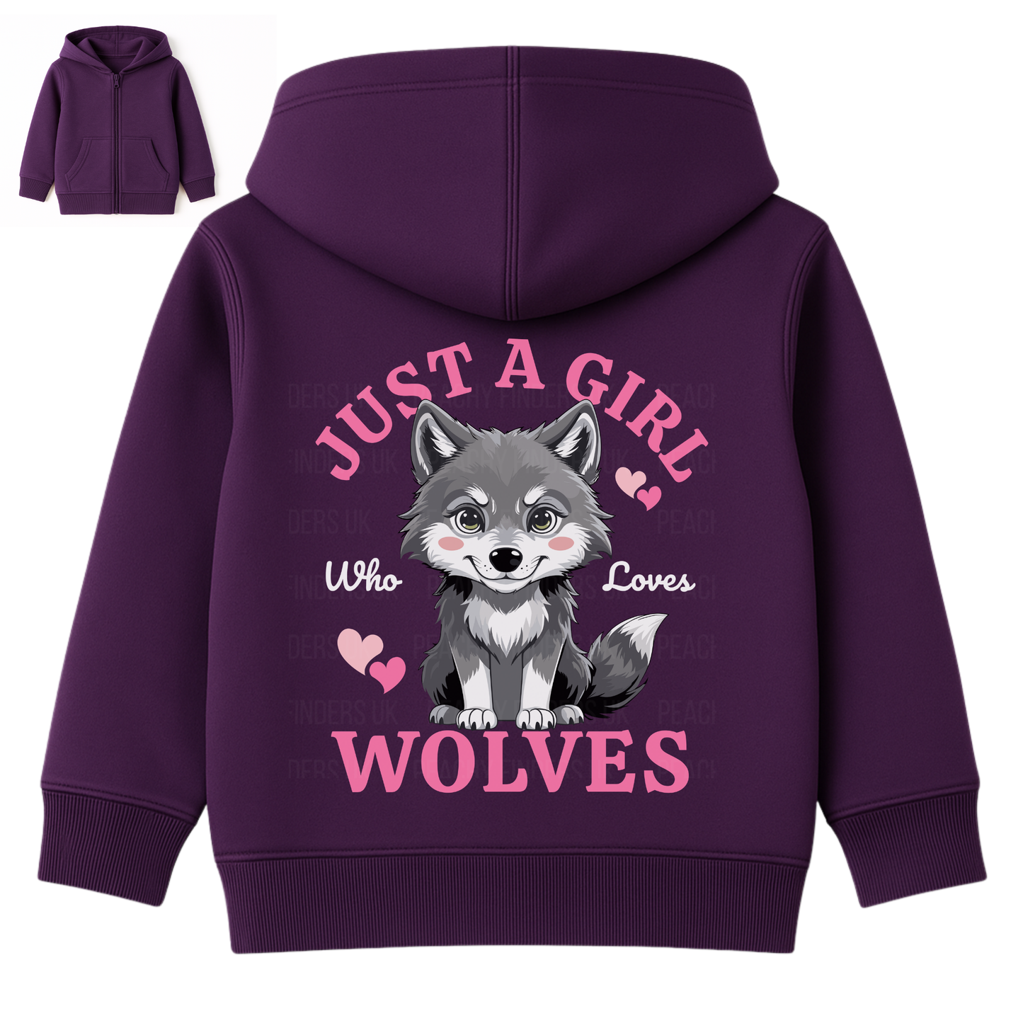 Purple kids zip hoodie with “Just a Girl Who Loves Wolves” wolf back print and pink lettering.