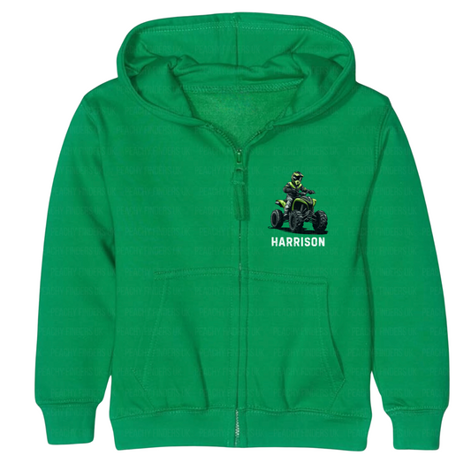 Kids green zip hoodie with a graphic of a person on a quad bike and the name 'Harrison'