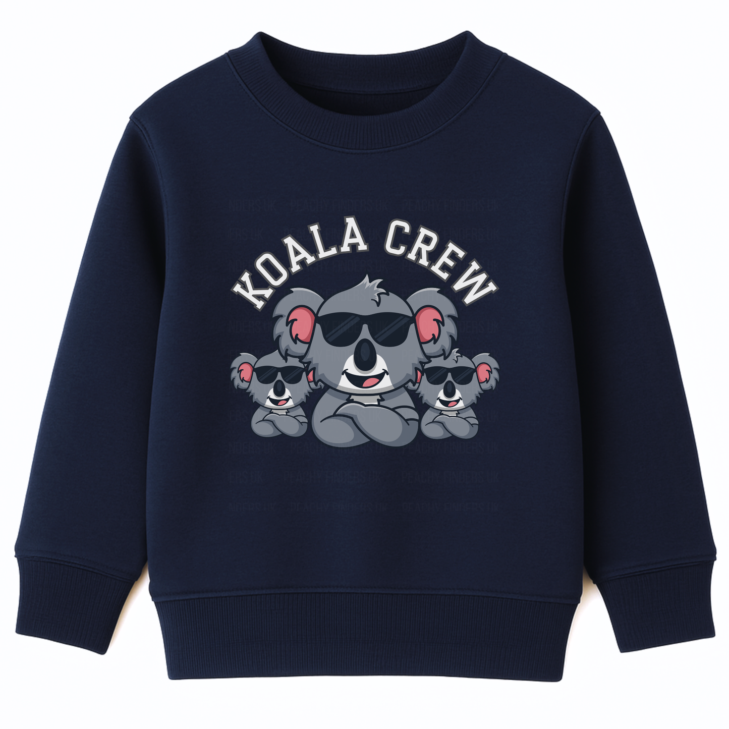 Kids navy sweatshirt with a cool “Koala Crew” graphic showing three koalas in sunglasses with arms folded.