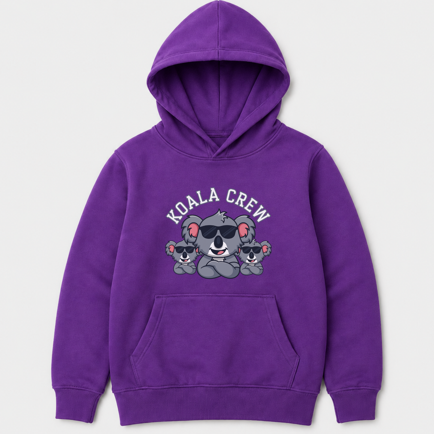 Purple children’s pullover hoodie with fun Koala Crew print and cosy front pouch pocket