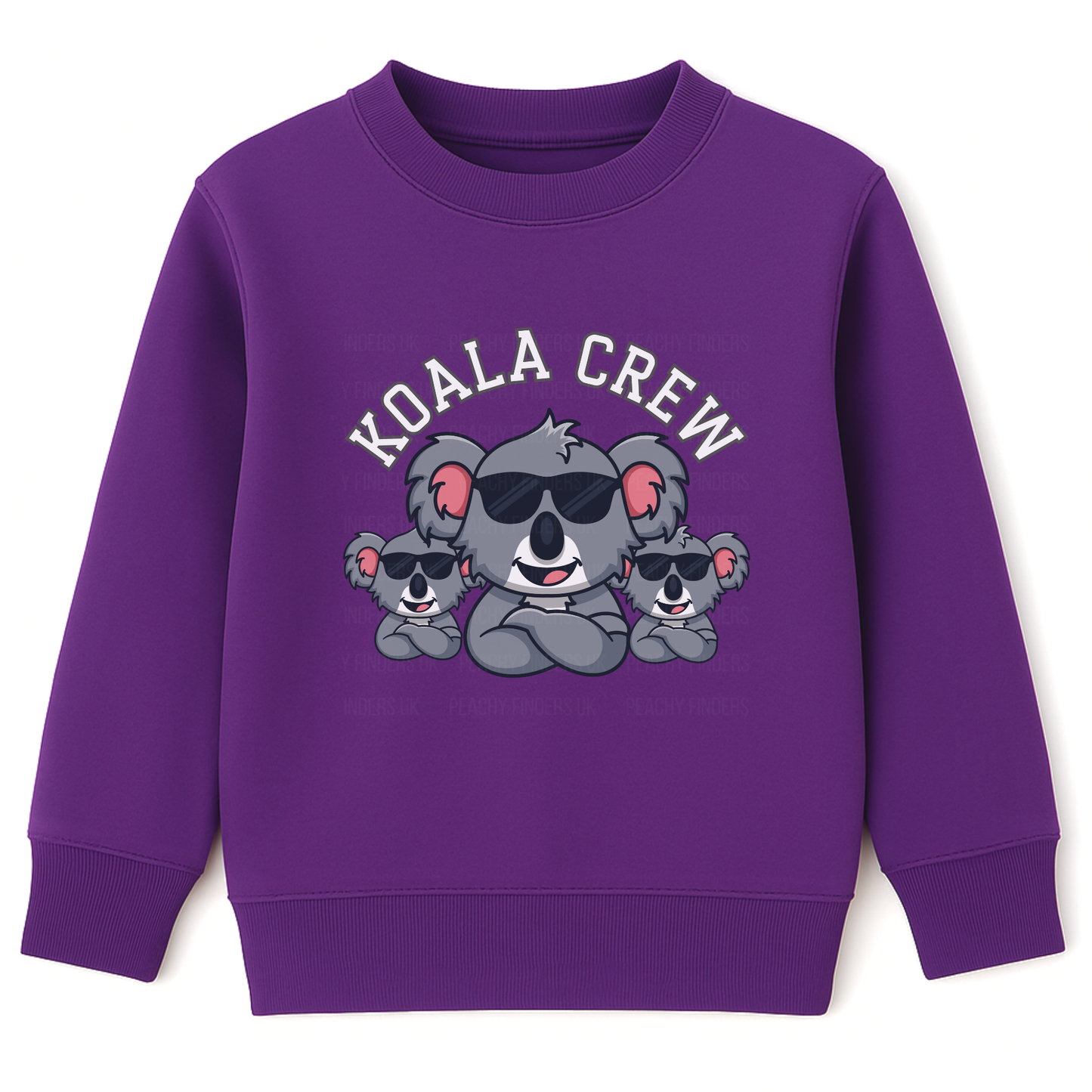 Kids purple sweatshirt with a cool “Koala Crew” graphic showing three koalas in sunglasses with arms folded.