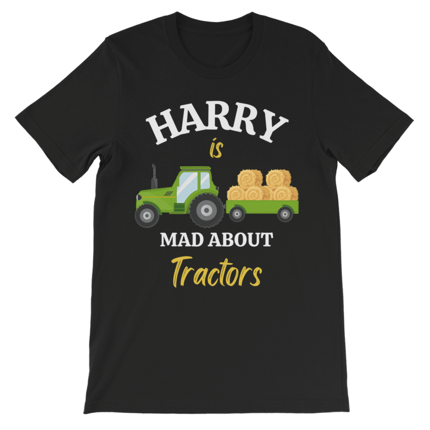 kids personalised green farm tractor and trailer with the phrase 'mad about tractors' with personalised child's name