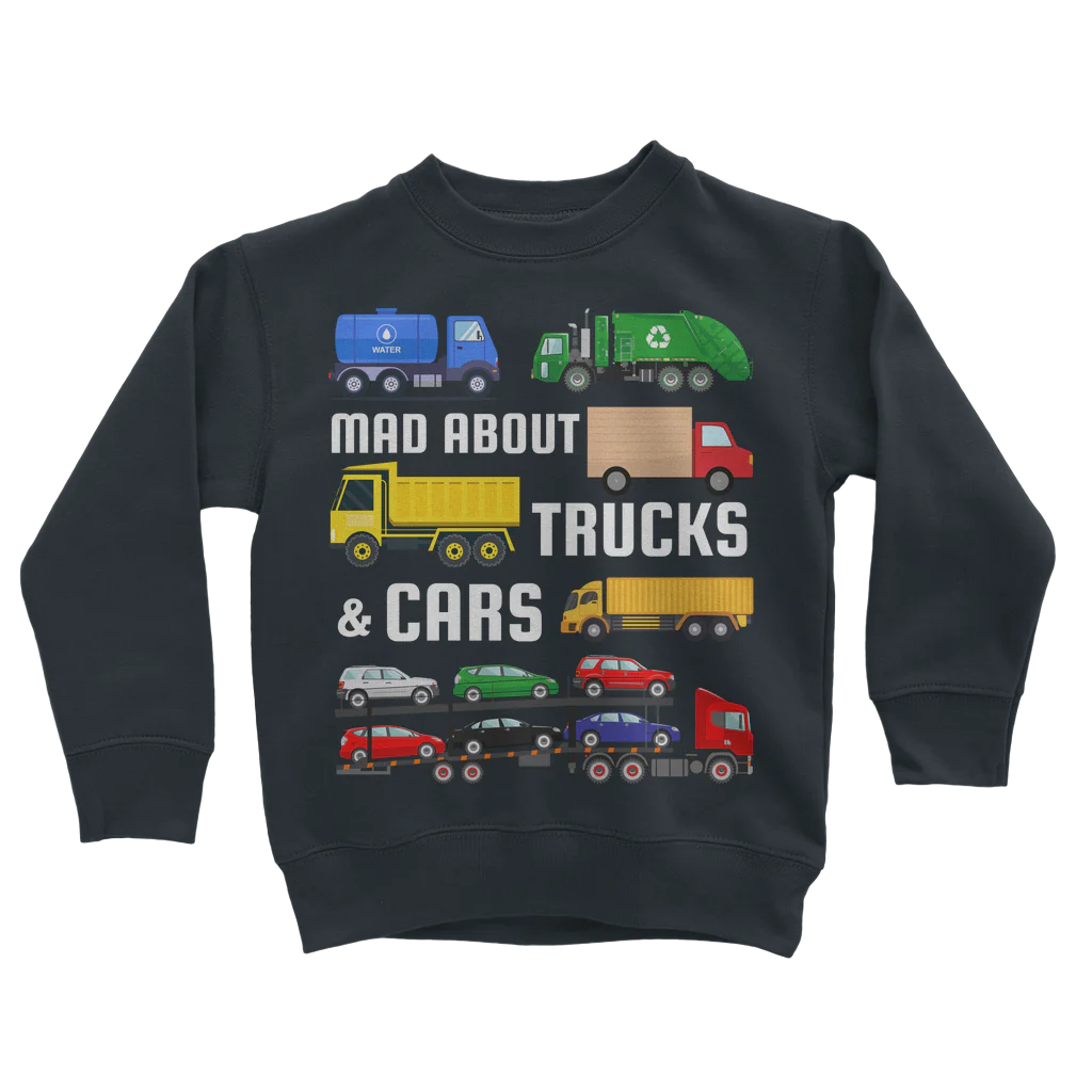 Kids navy black sweatshirt with a graphic print of various vehicles including trucks and cars, and the text 'MAD ABOUT TRUCKS & CARS'.