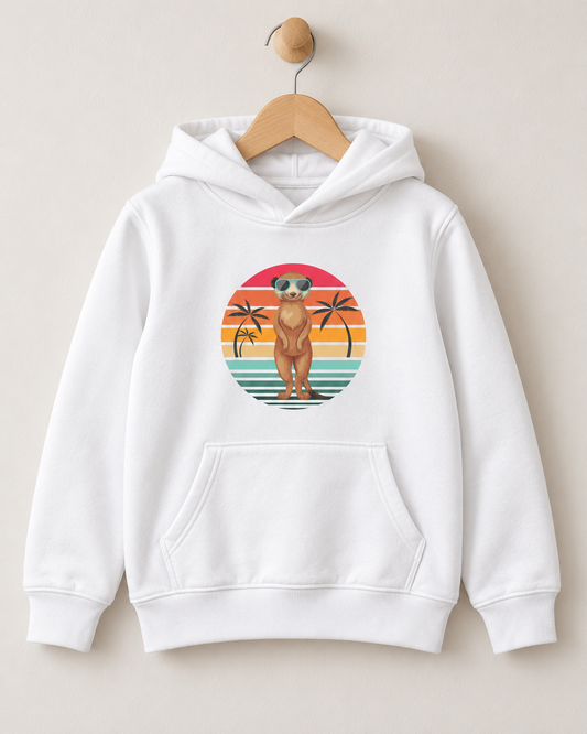 A children's white pullover hoodie hanging on a wooden hanger against a light beige wall. The hoodie features a front kangaroo pocket and a circular retro graphic on the chest showing a meerkat standing in front of a colourful sunset with palm trees.