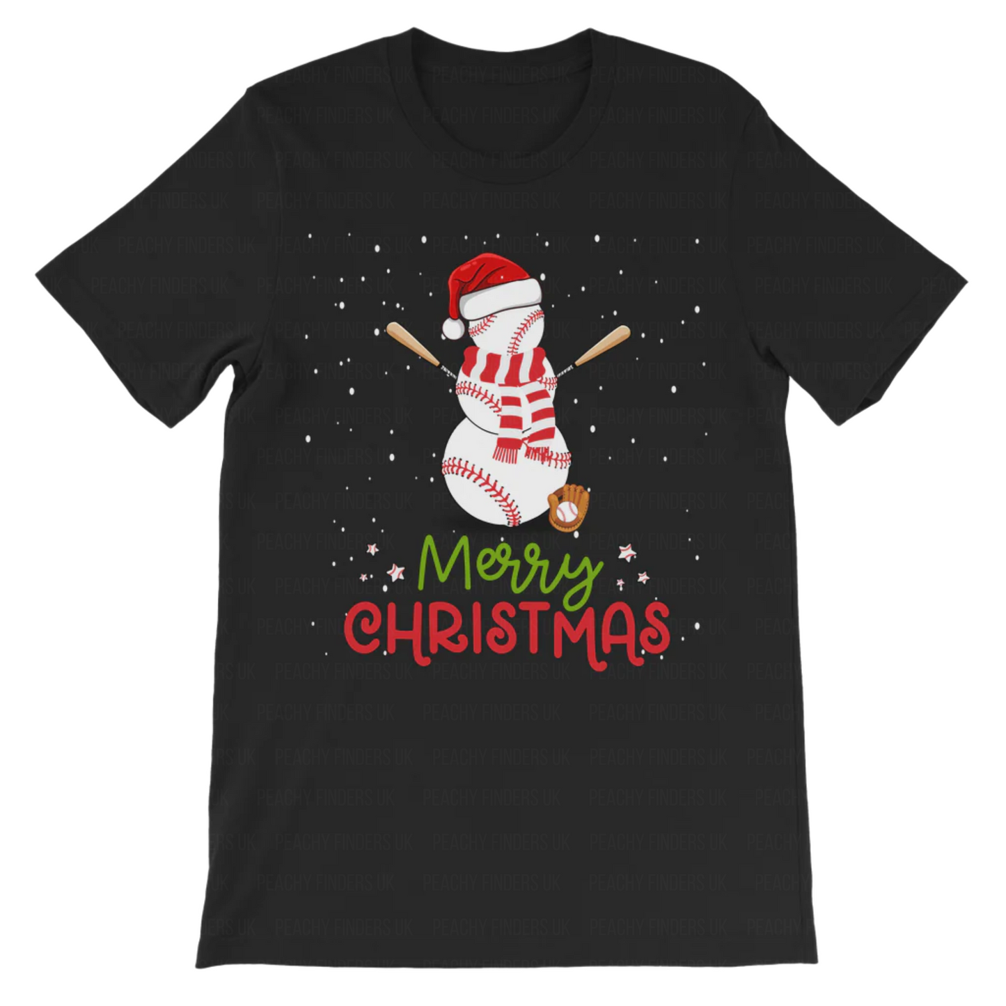 Black t-shirt with a snowman design and 'Merry Christmas' text on a white background