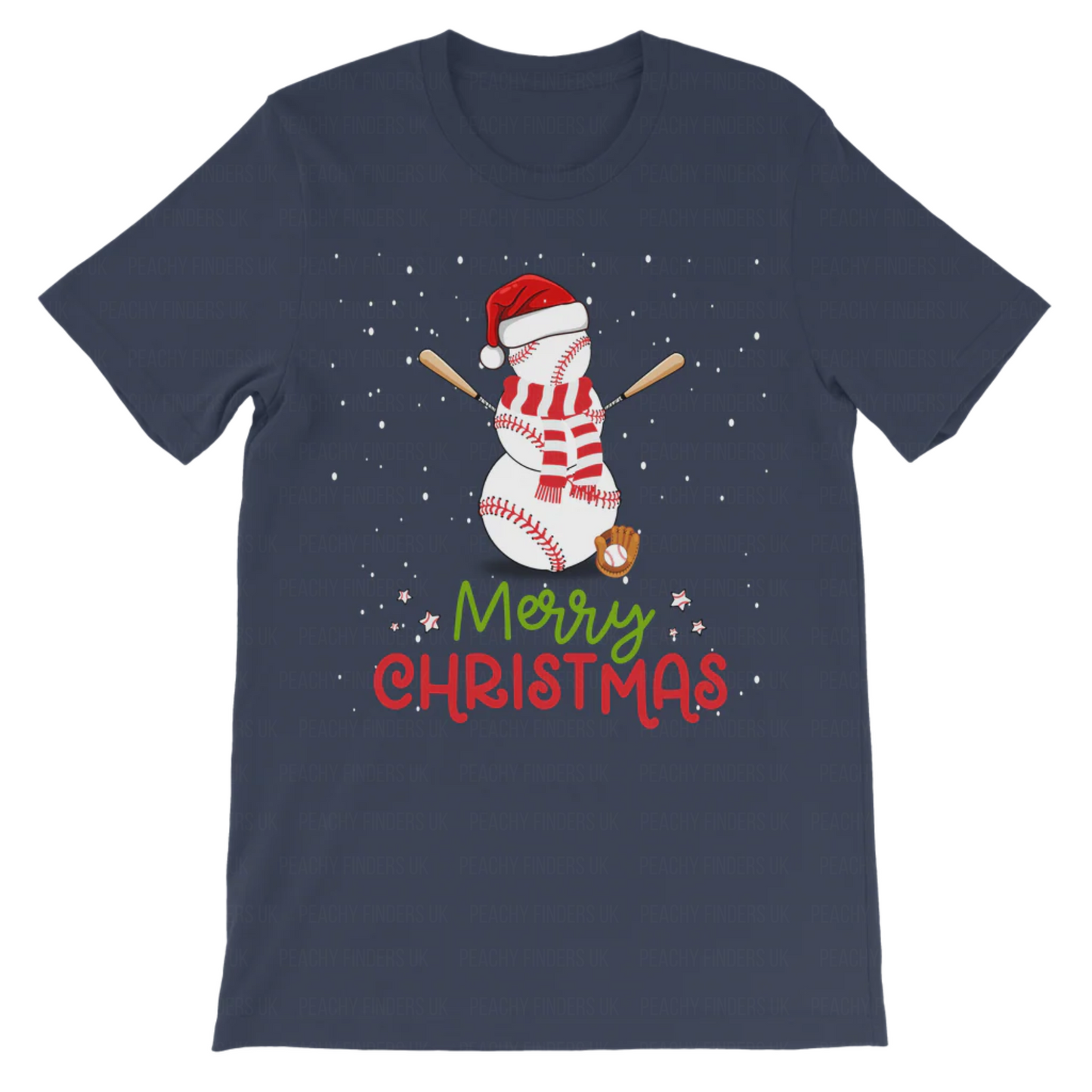 Navy blue t-shirt with a snowman design and 'Merry Christmas' text on a white background