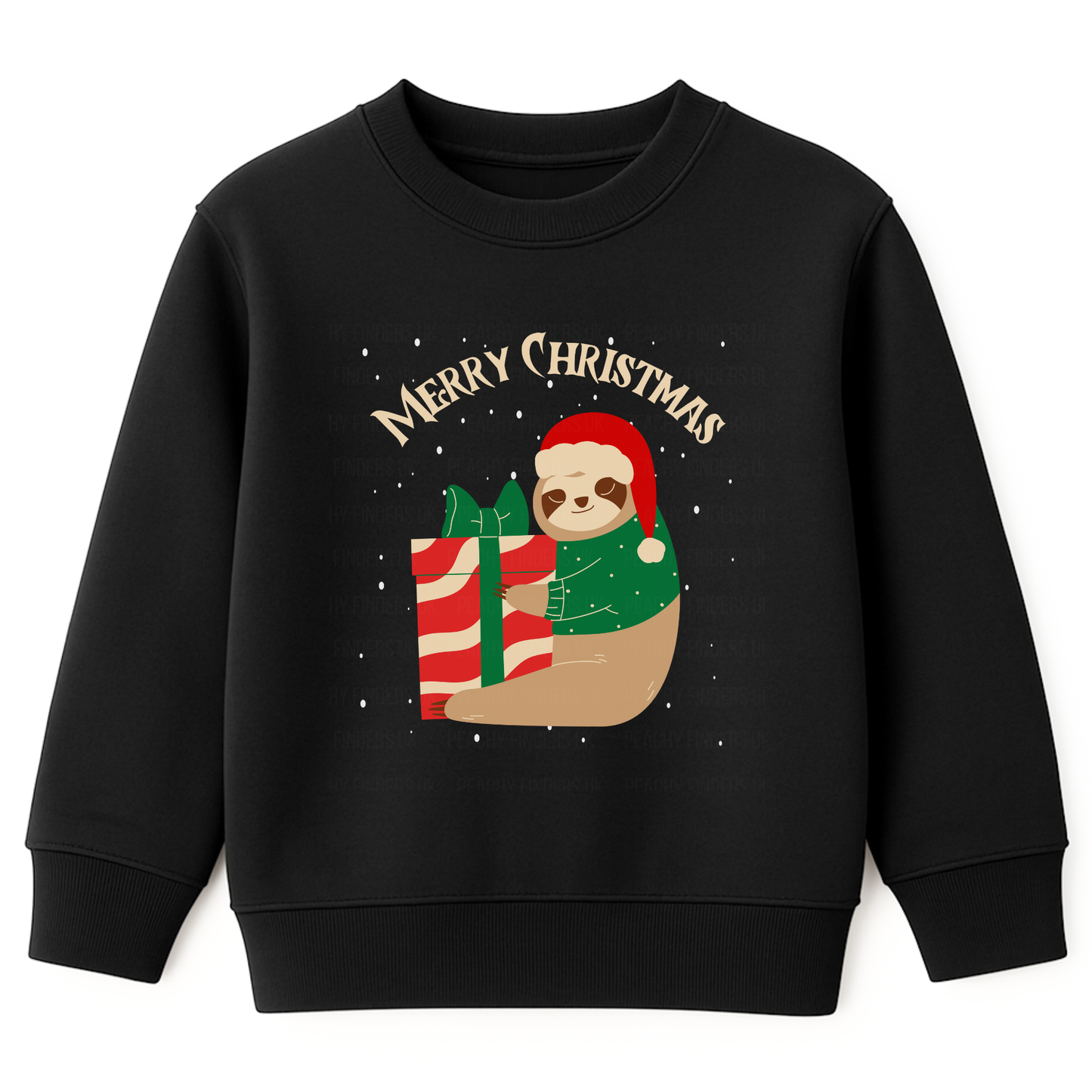 Kids black Christmas sweatshirt featuring a cute sloth wearing a Santa hat and festive jumper, hugging a large red and white gift box with snow falling behind.