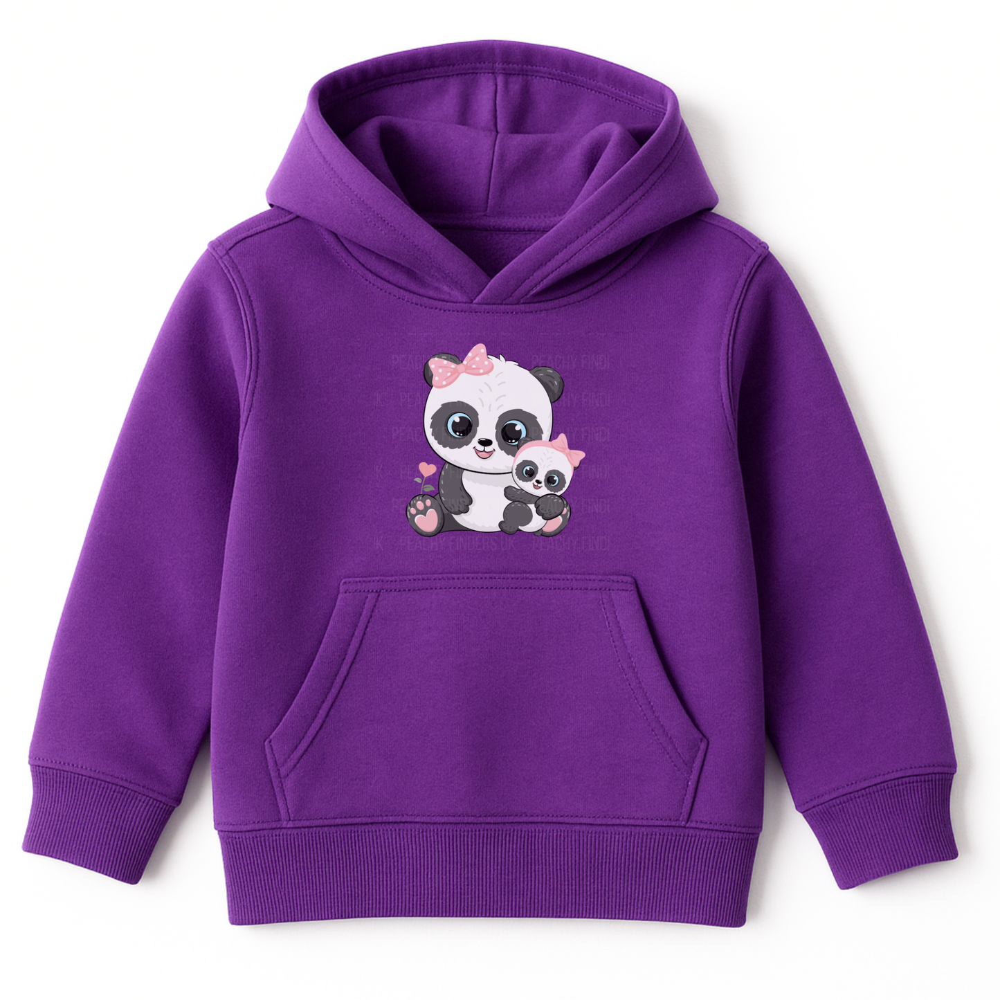 Girls purple panda hoodie with cute mum and baby panda print, kids animal pullover hoodie
