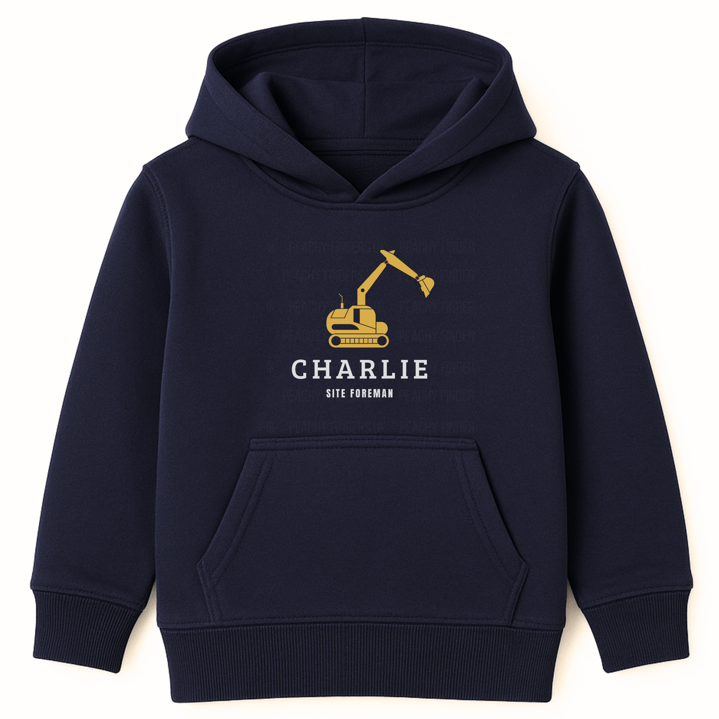 Navy kids hoodie featuring a yellow digger graphic with personalised name and “Site Foreman” text printed on the chest.