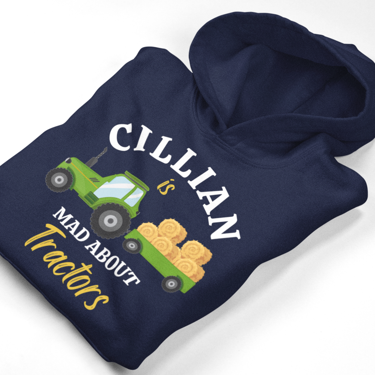 Navy blue boys hoodie with a green tractor graphic and text on a white background