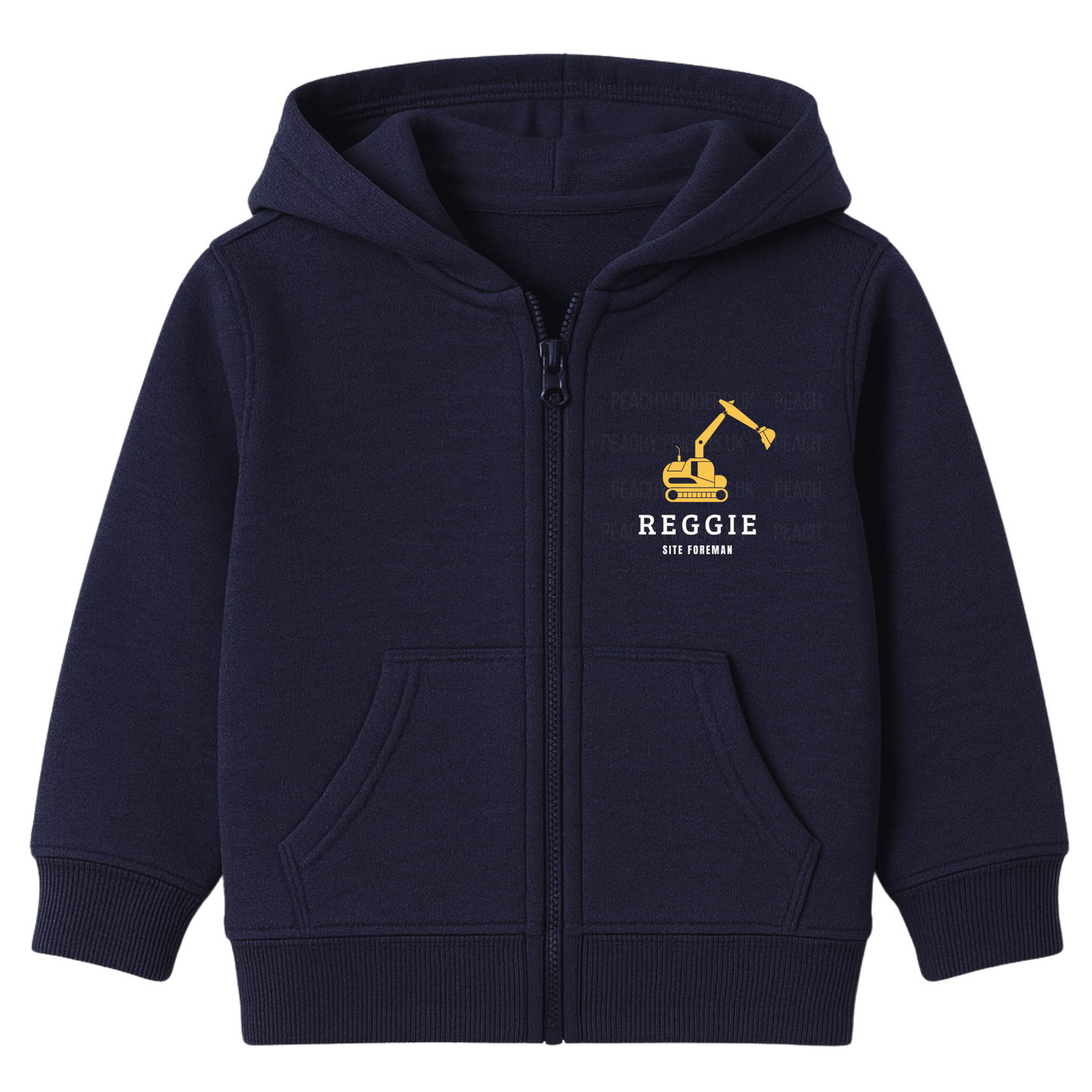 Navy kids zip-up hoodie with a yellow excavator graphic and personalised text reading “Reggie – Site Foreman” on the chest.
