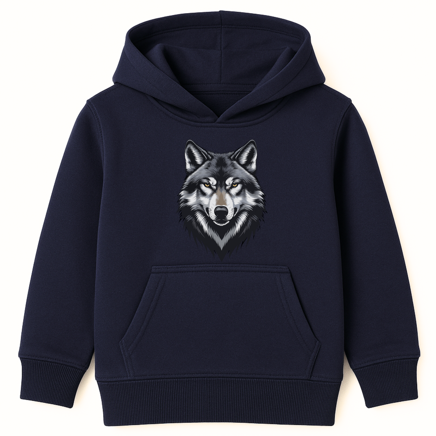 Kids navy pullover hoodie featuring a bold grey wolf head design on the front