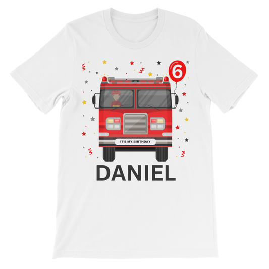 Kids Personalised Fire Engine Birthday T-Shirt (Ages 3–8)