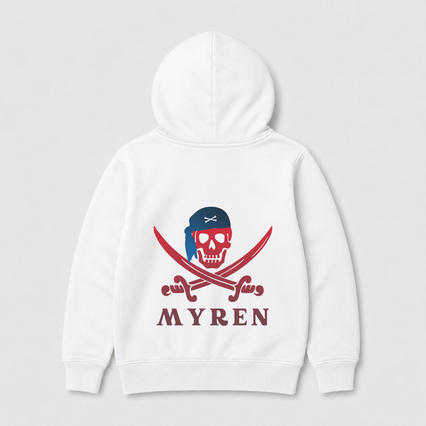 A kids white zip-hoodie shown from the back, featuring a pirate skull and crossed swords graphic with the name 'MYREN' printed below in dark red.