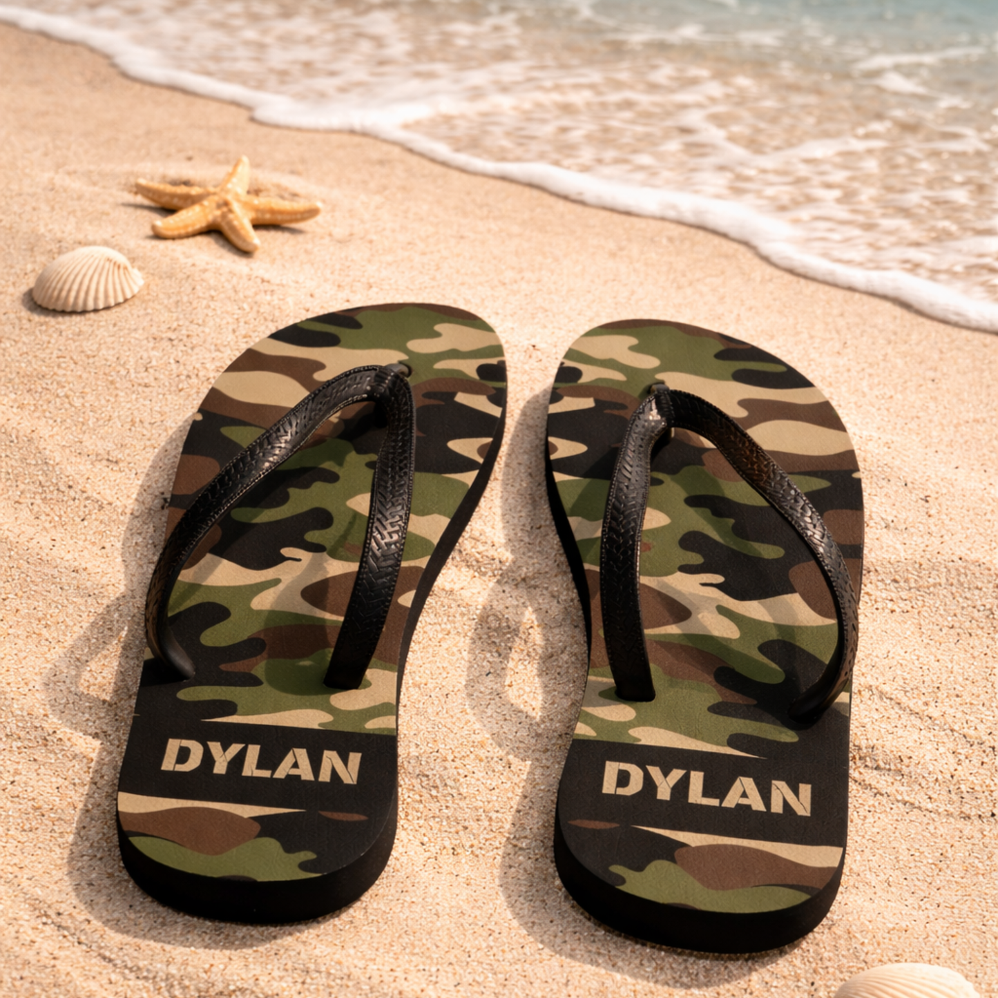 Custom boys camouflage flip flops with personalised name, black sole and straps, beach holiday summer footwear for kids