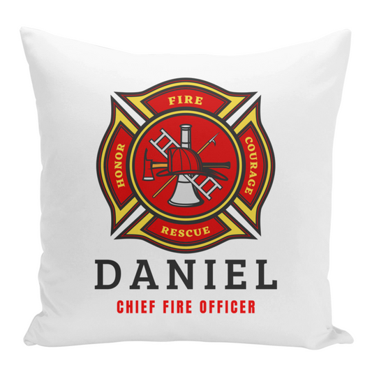 Kids white cushion cover with fire department emblem and text
