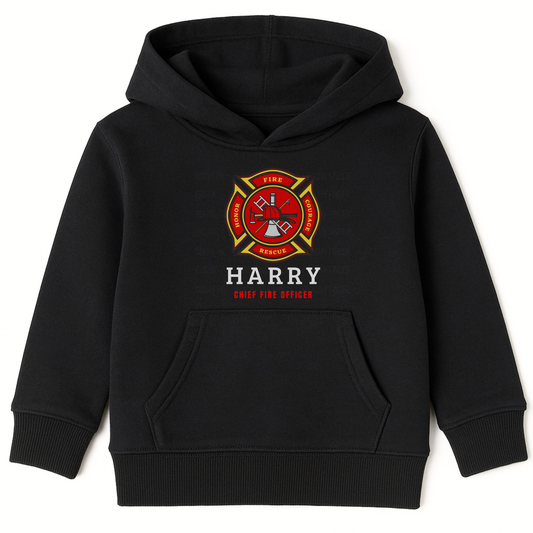 Kids black pullover hoodie with custom name and fire and rescue emblem - little fire fight sweatshirt