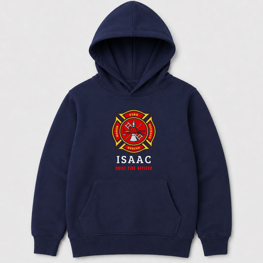 Kids navy pullover hoodie with custom name and fire and rescue emblem - chief fire fighter