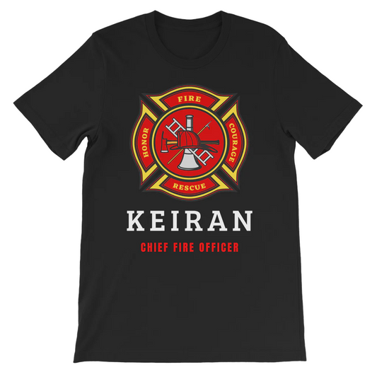 Kids black cotton t-shirt featuring a red and yellow fireman-themed emblem and the text 'KEIRAN' - CHIEF FIRE OFFICER.