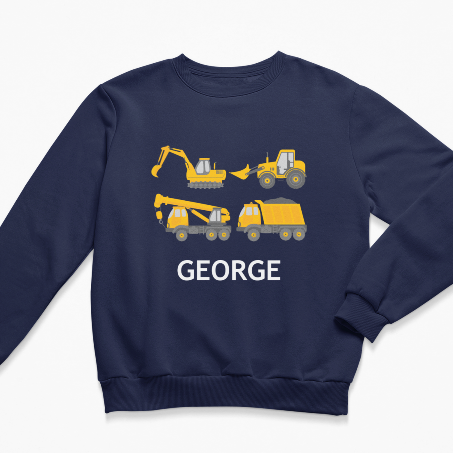A kids navy blue crewneck sweatshirt featuring a graphic of four yellow construction vehicles (excavator, bulldozers, crane, and dump truck) above the name 'GEORGE' in white capital letters, displayed on a clean white background.