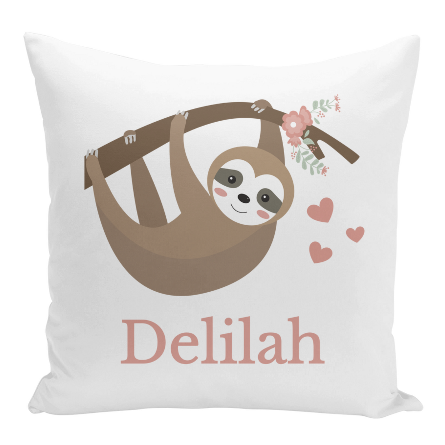 Illustration on a white cushion cover of a cartoon sloth with rosy cheeks hanging upside down from a brown branch adorned with pink flowers and green leaves. Three pink hearts float near the sloth. Below the illustration, the name "Delilah" is printed in a soft pink, serif font.