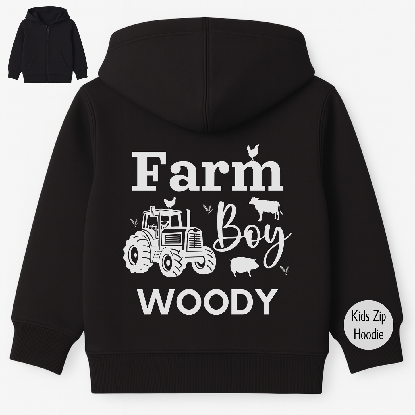 Personalised kids black Farm Boy zip hoodie with tractor back print and custom name Woody, children’s farm themed hoodie.