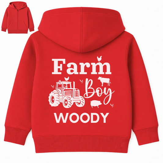 Personalised kids red Farm Boy zip hoodie with tractor back print and custom name Woody, children’s farm themed hoodie.