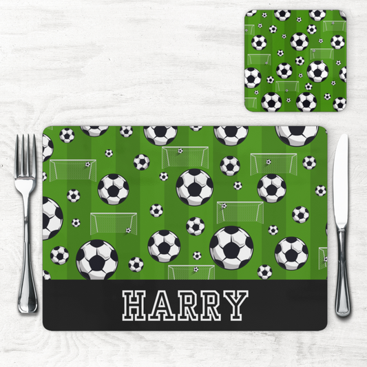 Kids Large Personalised Football Cork-Back Placemat and Coaster Set