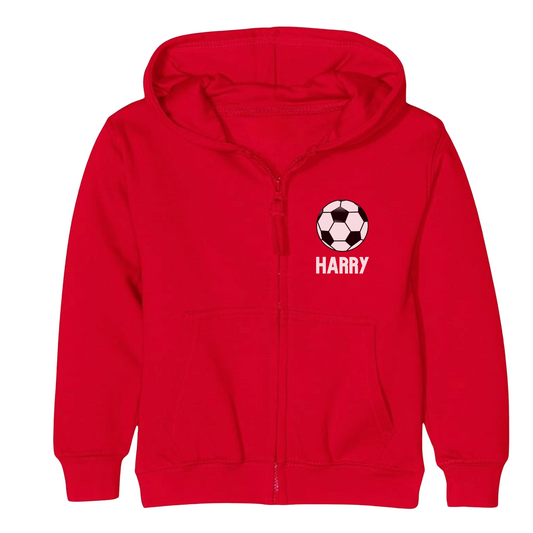 Kids red personalised football zip hoodie with custom name and black-and-white football design.