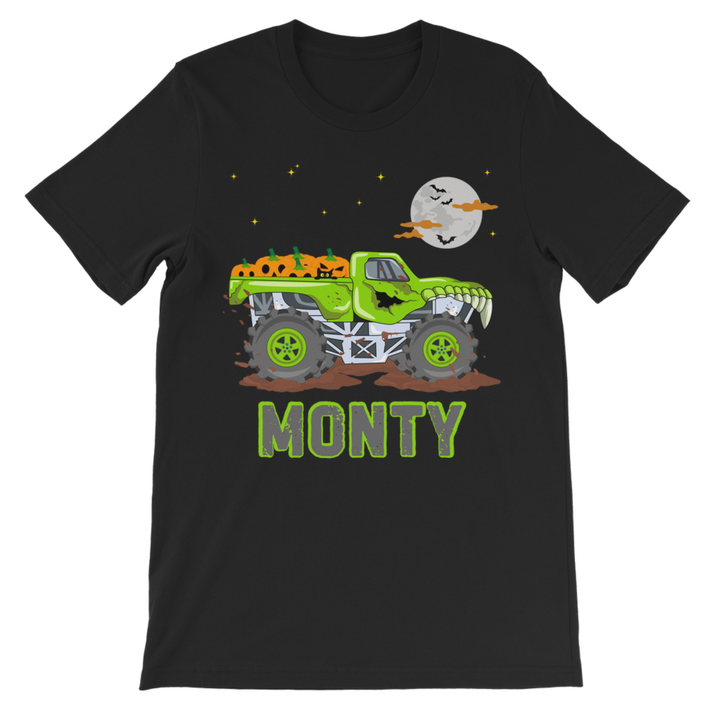 Kids personalised Halloween monster truck t-shirt in black with custom name, spooky green truck graphic, pumpkins and moon design