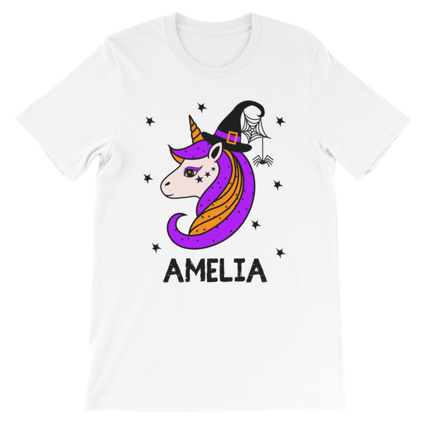 Kids white t-shirt with a colourful Halloween unicorn design featuring a witch hat, spider web, and stars with a custom-name printed below in black distressed capitals text.