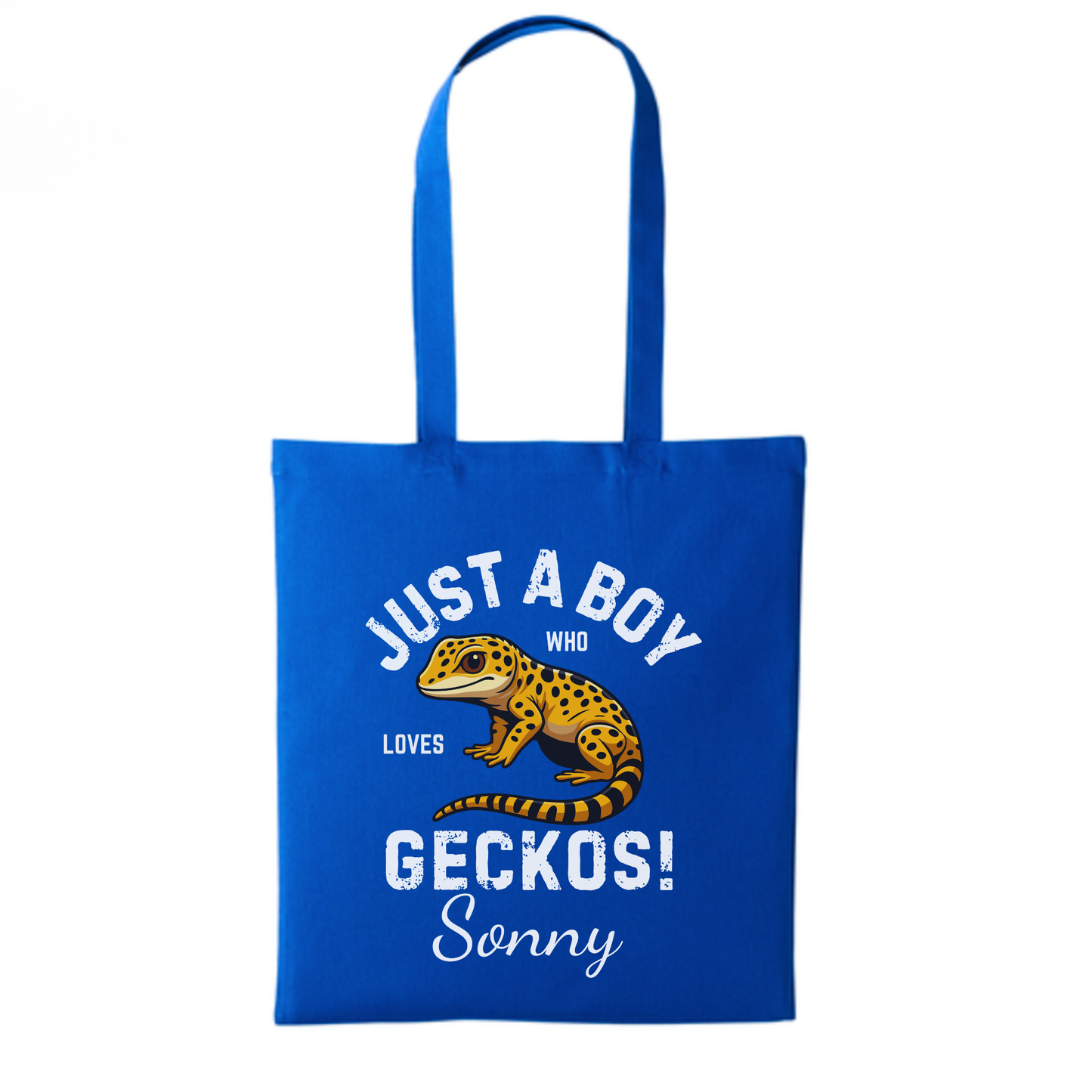 Kids blue tote bag with a gecko graphic and text on a white background