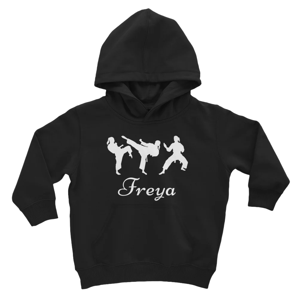 Kids black hoodie with white female martial arts silhouette graphics with personalised name