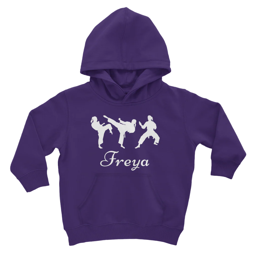 Kids purple hoodie with white female martial arts silhouette graphics with personalised name