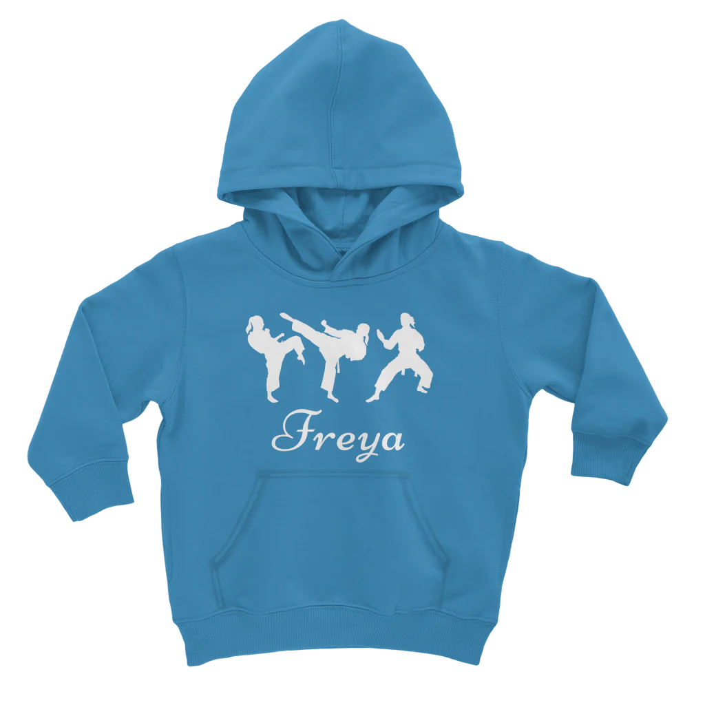 Kids blue hoodie with white female martial arts silhouette graphics with personalised name