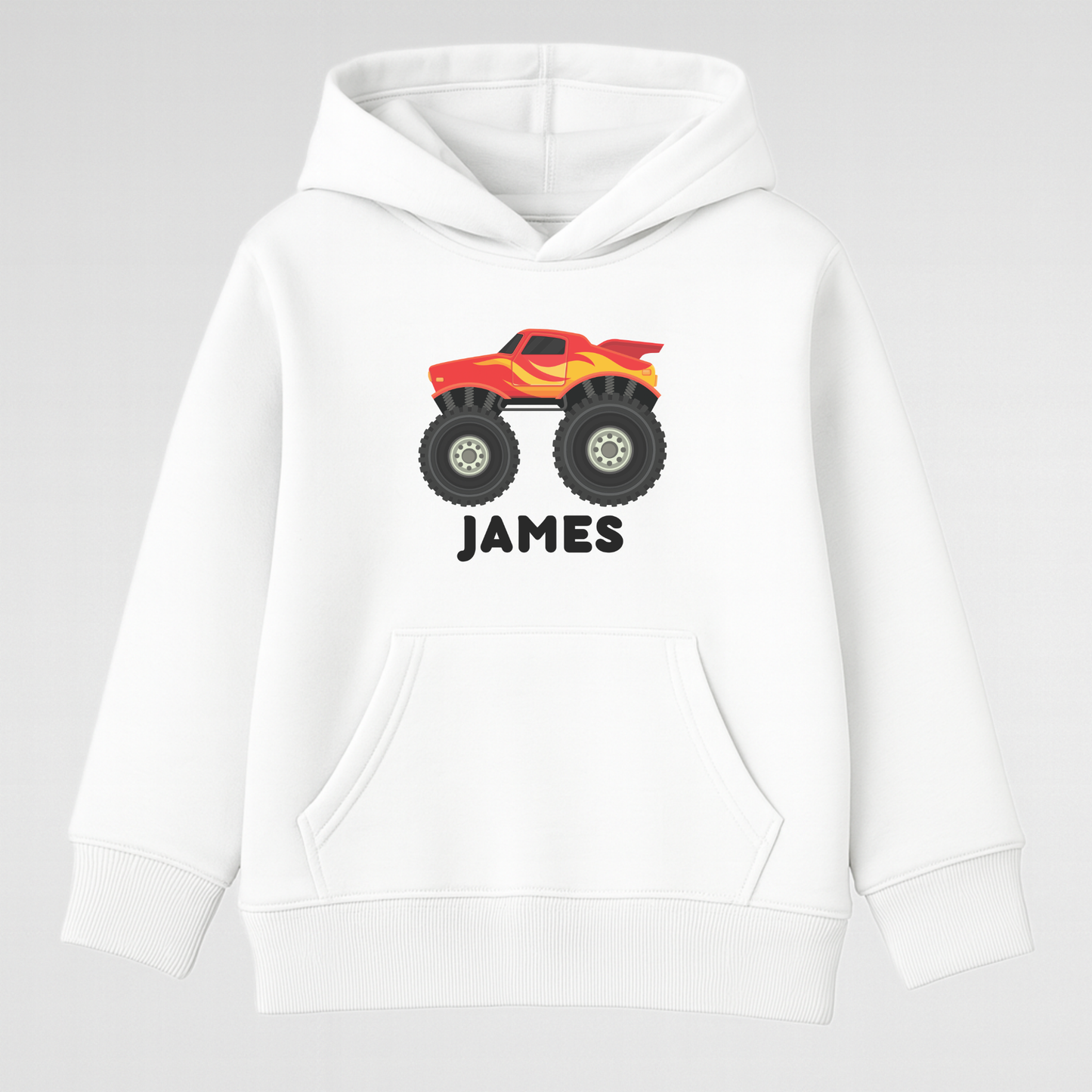Personalised kids white monster truck hoodie with red truck graphic and custom name James printed on the front.