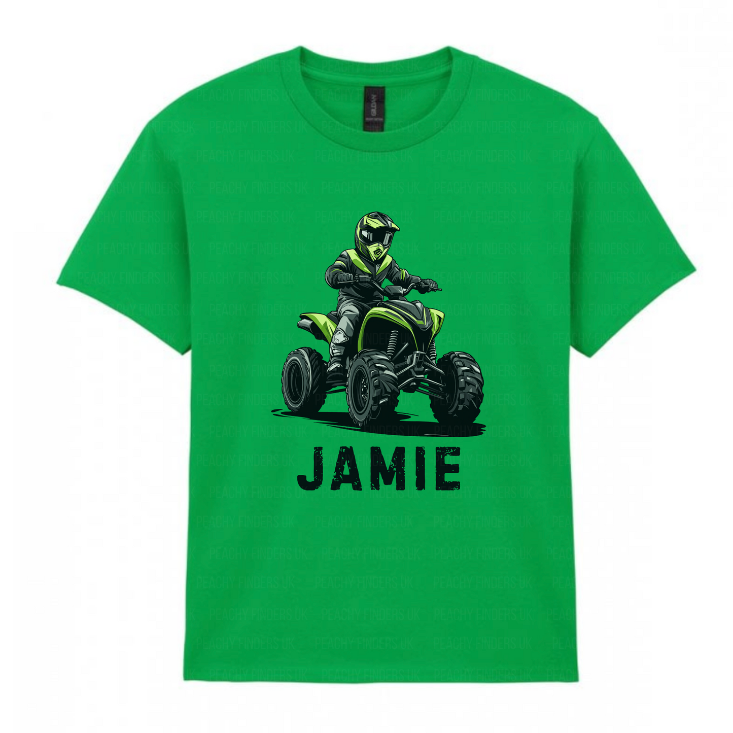 Kids green t-shirt with a graphic of a person on an quad bike ATV and the name 'Jamie' on a white background