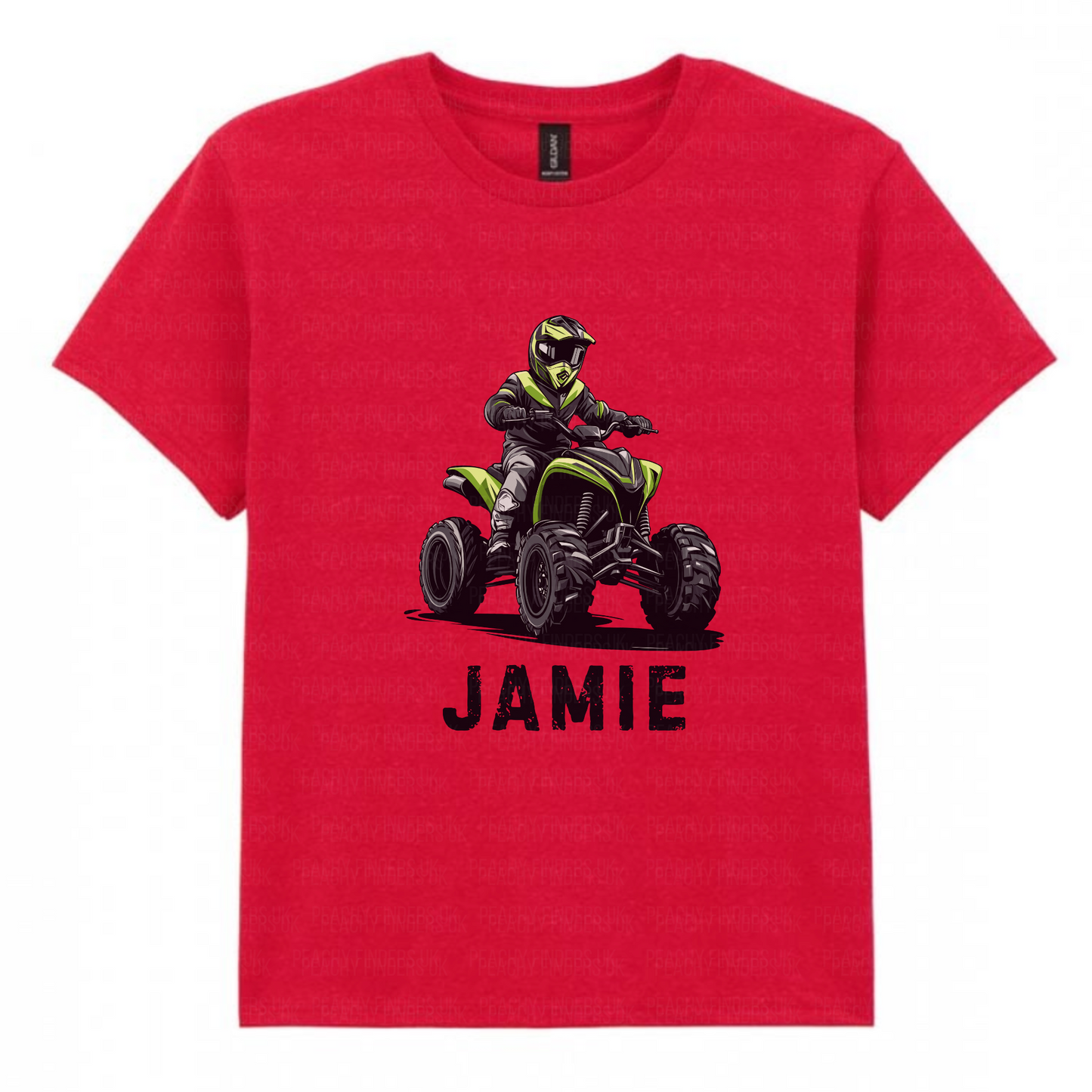 Red t-shirt with a graphic of a person on a four-wheeler quad bike and the name 'Jamie' on a white background