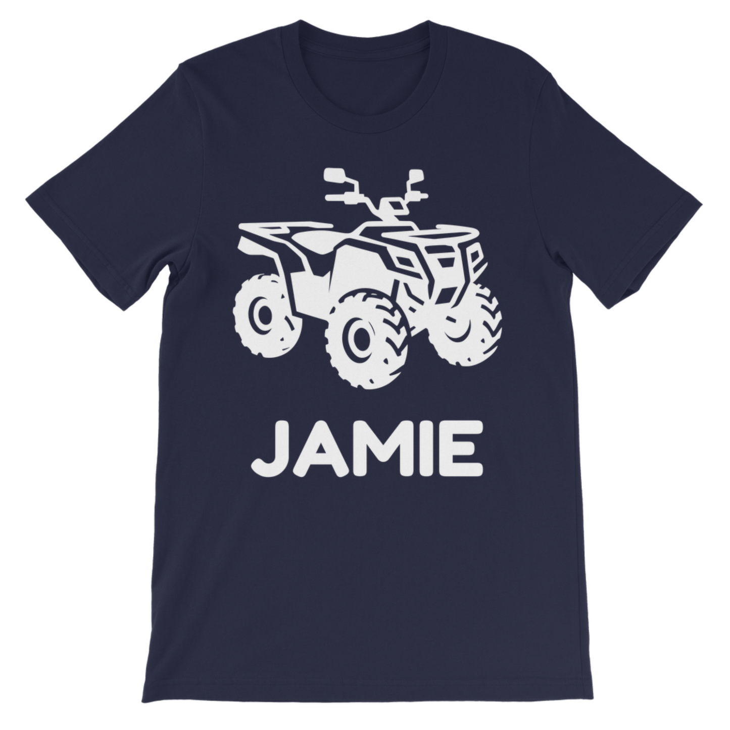 Navy personalised quad bike kids t-shirt mockup with white ATV graphic and custom name.