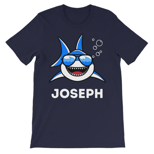 Children's navy custom-name shark graphic t-shirt