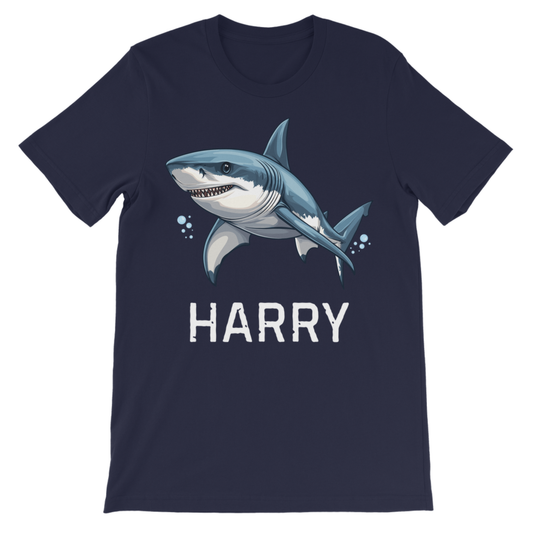 Kids navy personalised T-shirt with a great white shark graphic and custom name printed underneath