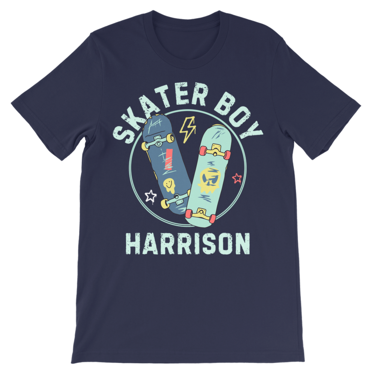 A kids navy blue short-sleeve t-shirt with a graphic print on the front. The graphic features the text 'SKATER BOY' and 'HARRISON' in a distressed light blue font, framing an illustration of two skateboards (one dark blue, one light blue) with a yellow lightning bolt and stars.