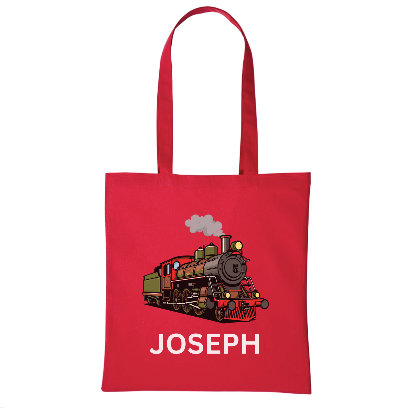 Kids personalised steam train tote bag in red with a colourful vintage steam engine and a childās name printed underneath - locomotive gift for children.