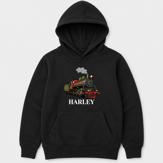 Kids black personalised vintage steam train pullover hoodie