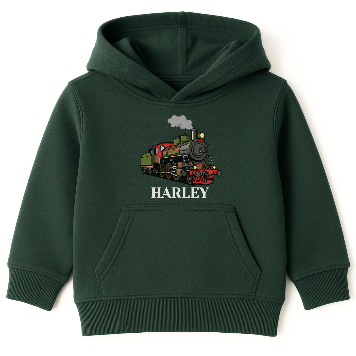 Kids dark green hoodie with a colourful steam train graphic and the custom name “Harley” printed underneath on the front.