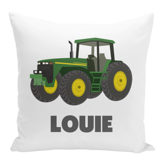 Personalised green tractor cushion cover for kids – one-sided print on matte white canvas